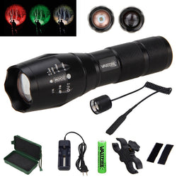 5000 LM Green/Red/White Hunting Torch Tactical Zoomable Flashlight +Scope Mount+18650 Battery Set+Remote Pressure Switch - Canada Outdoors