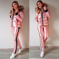Bright Leather Women Ski Suit Winter Thick Fur Collar Hooded Jacket Outdoor Slim Trousers Warm Down Cotton Jacket+Pants - Canada Outdoors